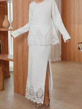 White Casual Women's LAce detailed Sweater top & Maxi Skirt Coord set
